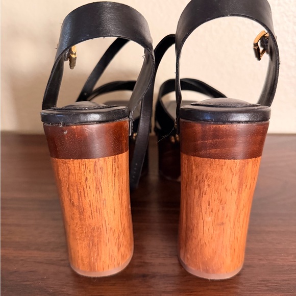 Schutz Black Leather Cross-Strap Wooden Platform Sandals - Picture 3 of 6